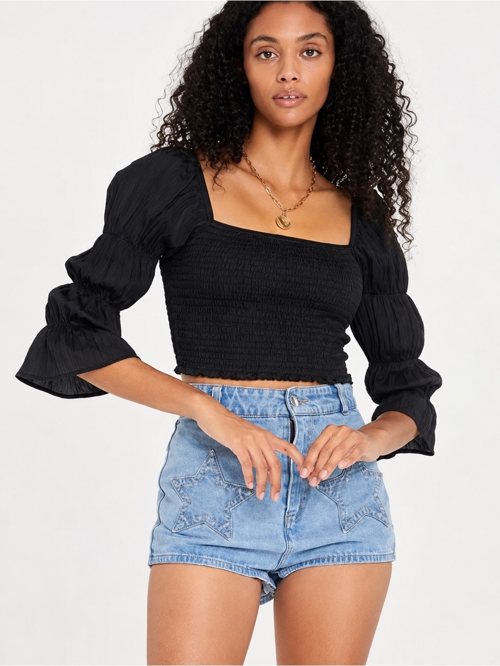 Free People So Shirred Smocked Crop Top Black XS Puff Sleeve Square Neck NWT